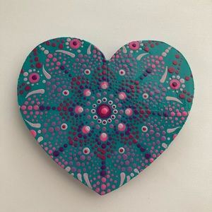 Hand painted teal and pink mandala heart magnet